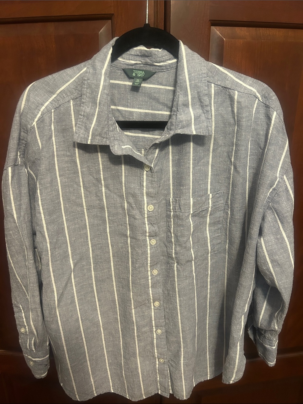 Terra & Sky Blue and White Vertical Stripe Button-Down linen blend Shirt